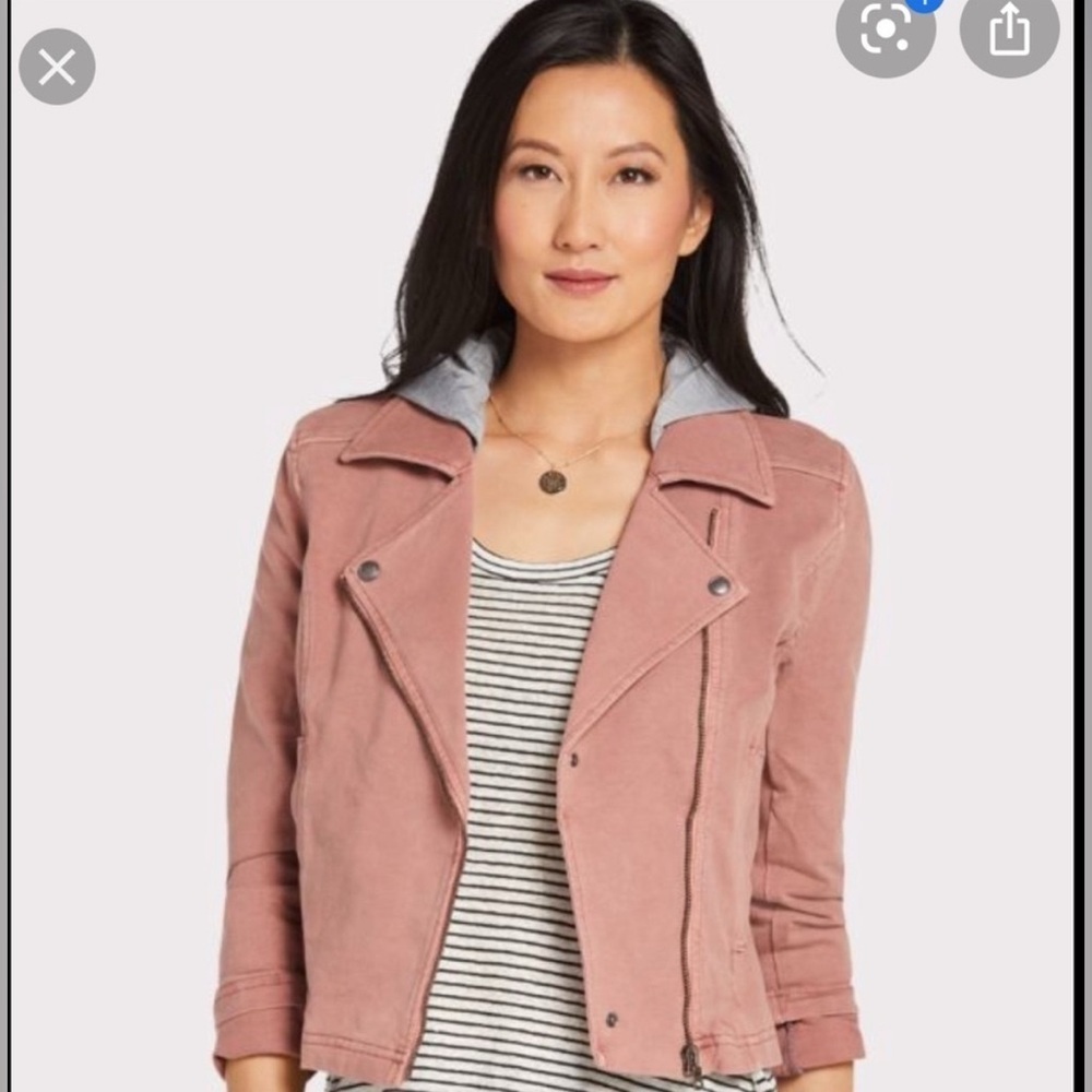 Anthropologie Pink Moto Jacket with Gray Removable Hood - Size Small